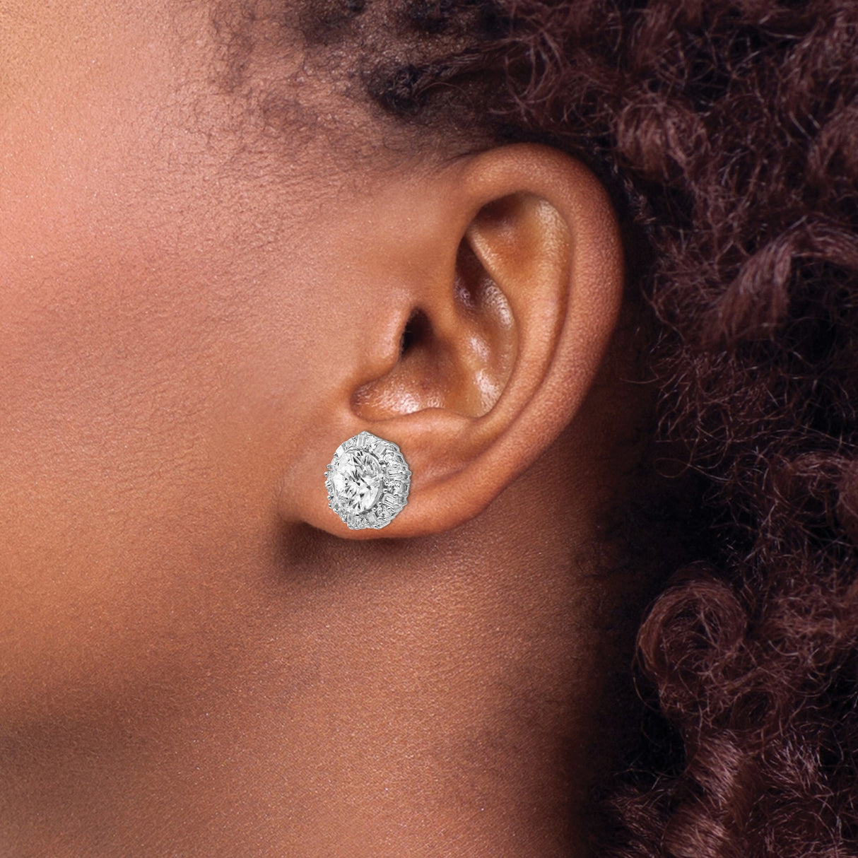 Sterling Silver Stud Earrings with Cubic Zirconia, Halo Design with Baguette and Round Stones