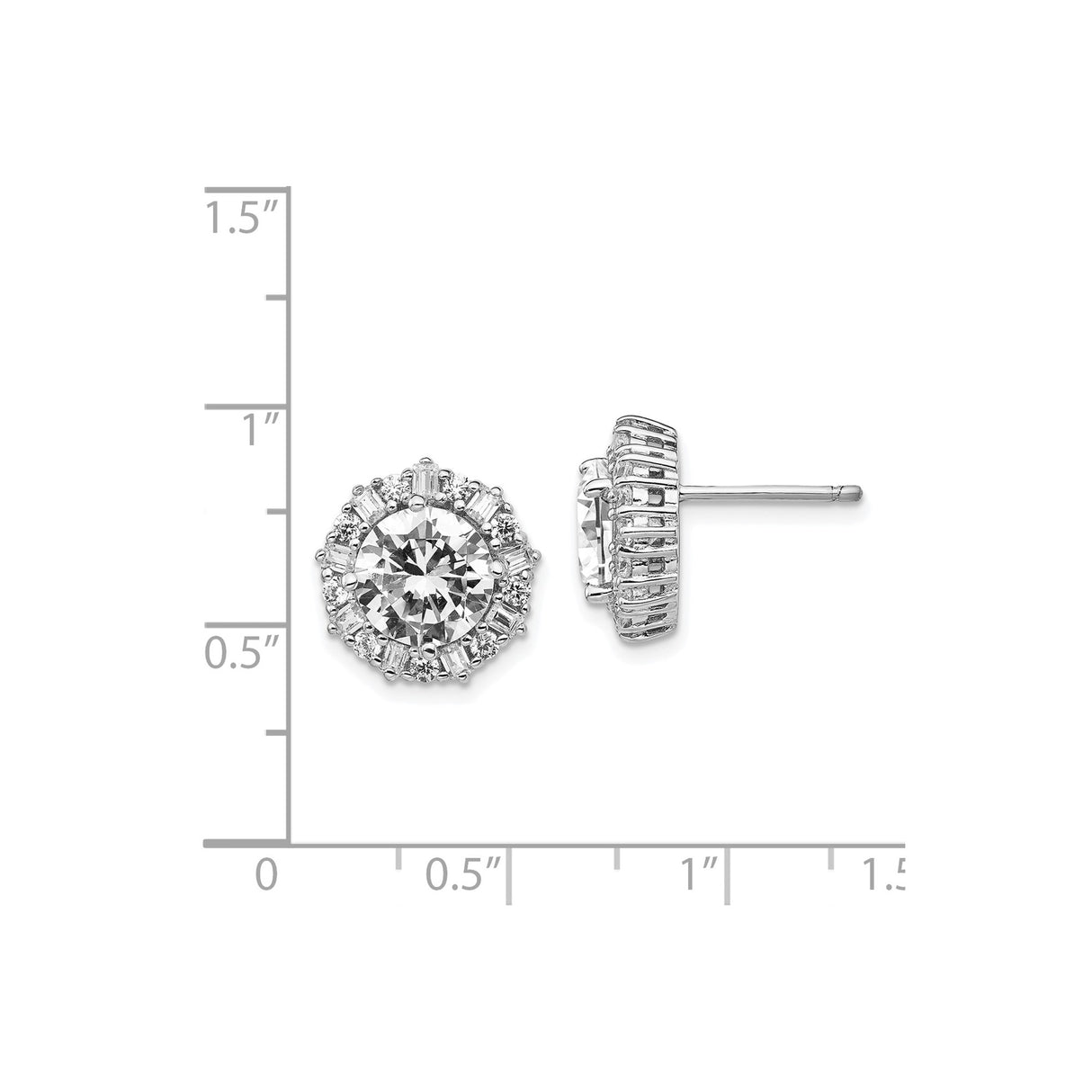 Sterling Silver Stud Earrings with Cubic Zirconia, Halo Design with Baguette and Round Stones