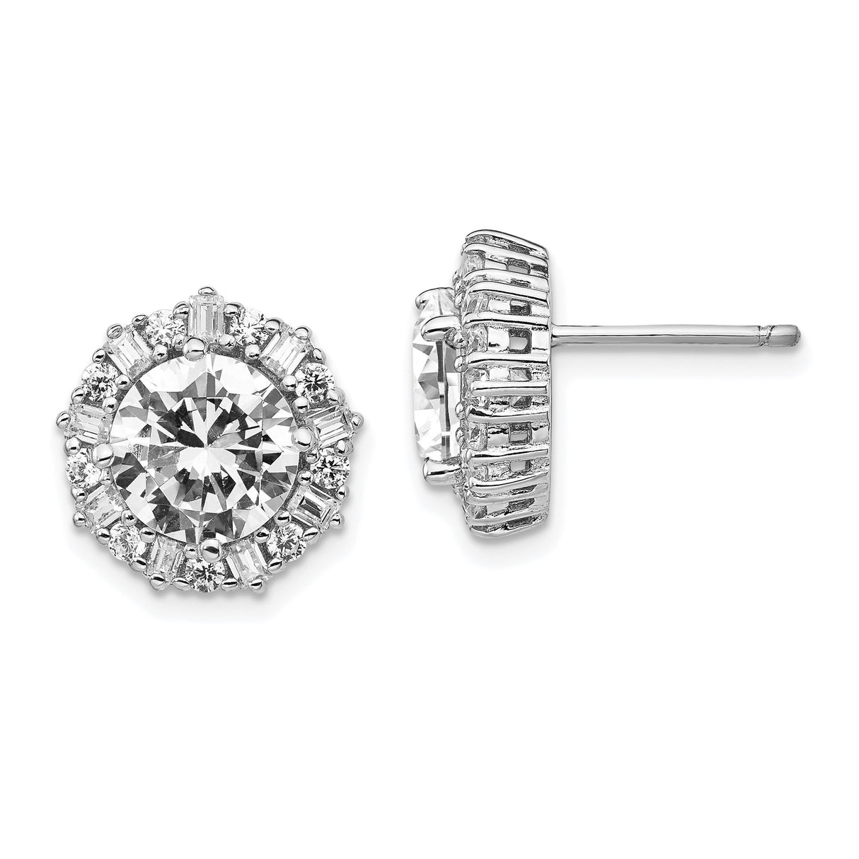 Sterling Silver Stud Earrings with Cubic Zirconia, Halo Design with Baguette and Round Stones