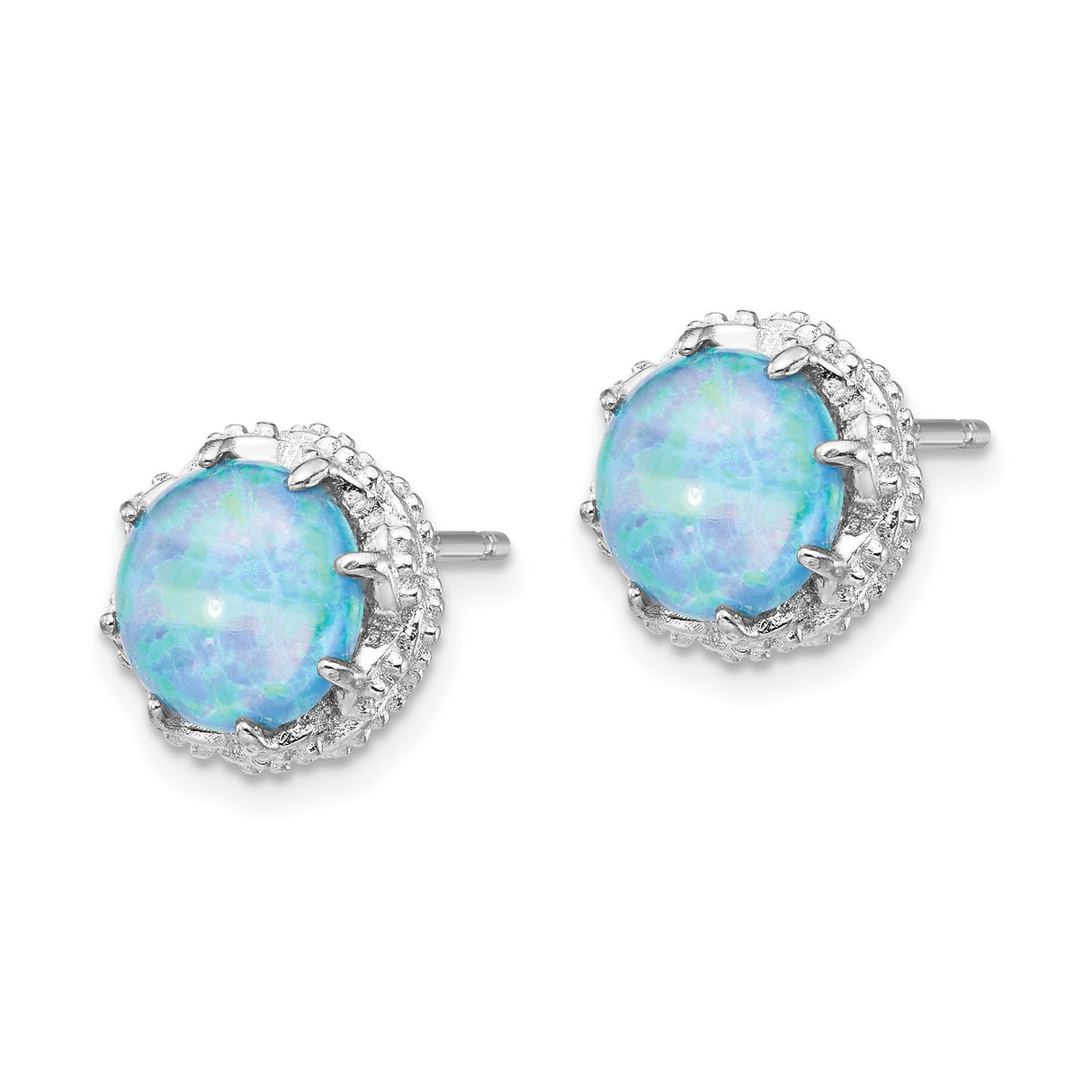 Sterling Silver Stud Earrings with Created Opal and Cubic Zirconia Halo in Vintage Crown Setting