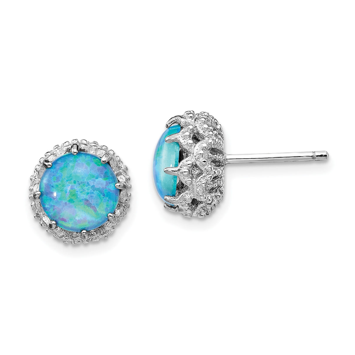 Sterling Silver Stud Earrings with Created Opal and Cubic Zirconia Halo in Vintage Crown Setting