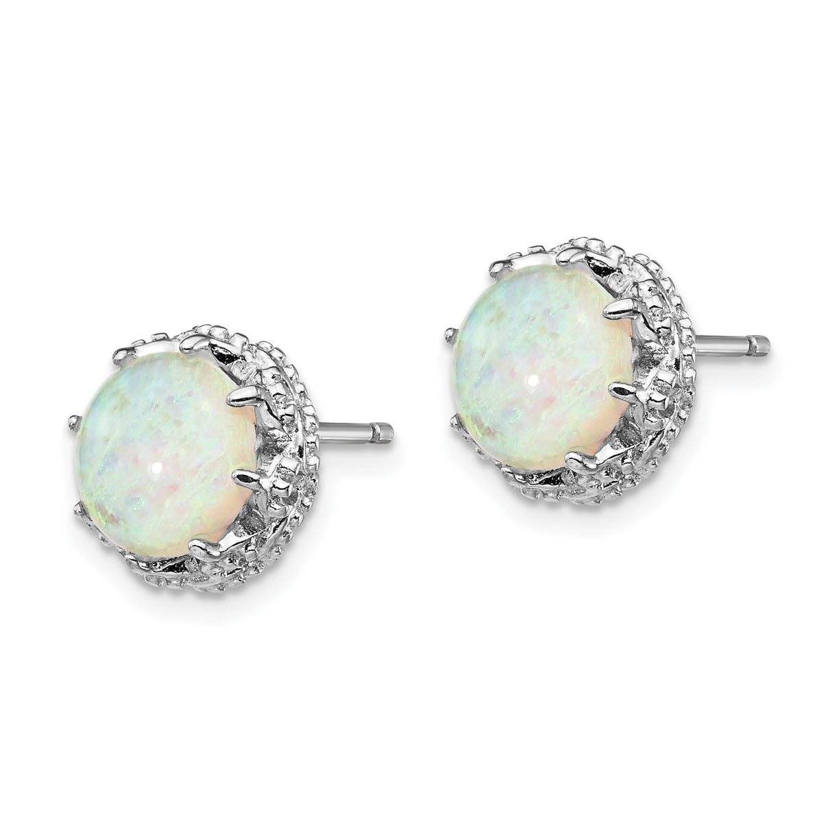 Sterling Silver Stud Earrings with Created Opal in Round Cabochon Halo Setting
