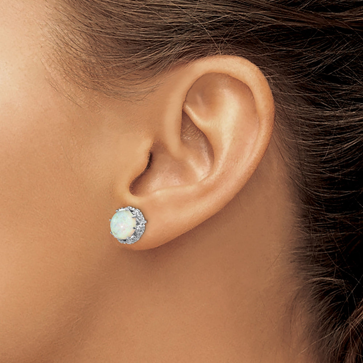Sterling Silver Stud Earrings with Created Opal in Round Cabochon Halo Setting