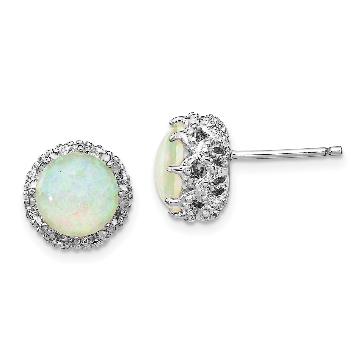 Sterling Silver Stud Earrings with Created Opal in Round Cabochon Halo Setting