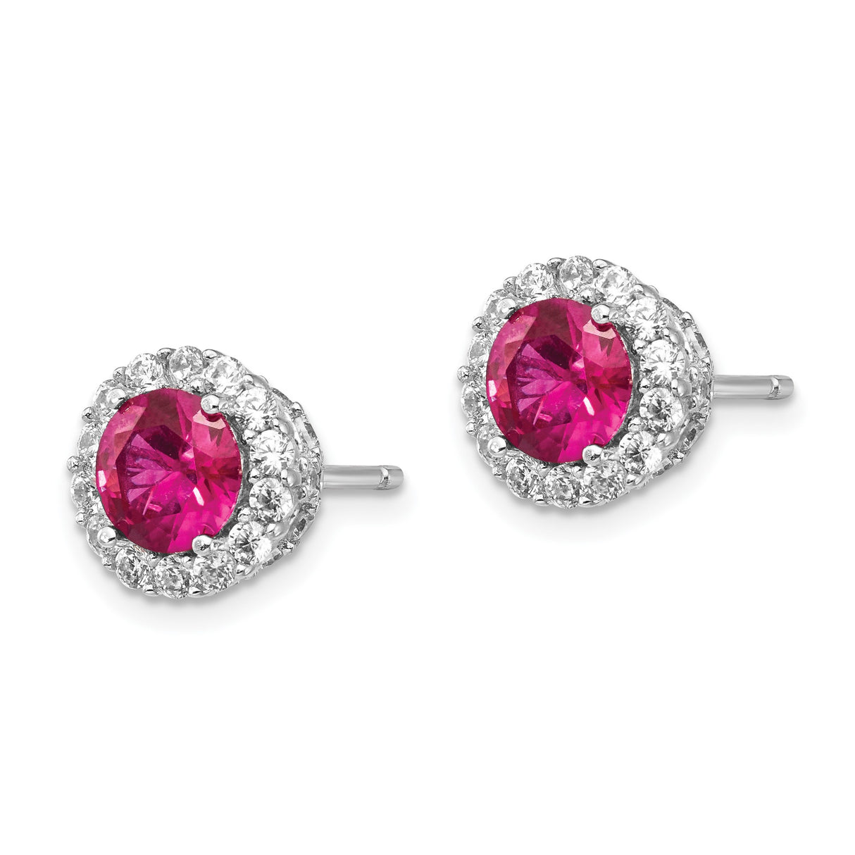 Sterling Silver Stud Earrings with Created Ruby Center and Cubic Zirconia Halo