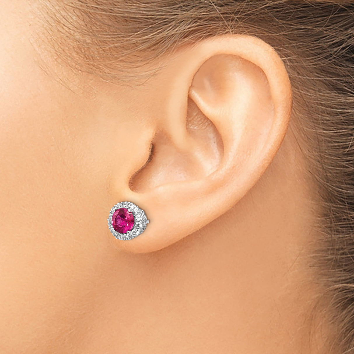 Sterling Silver Stud Earrings with Created Ruby Center and Cubic Zirconia Halo