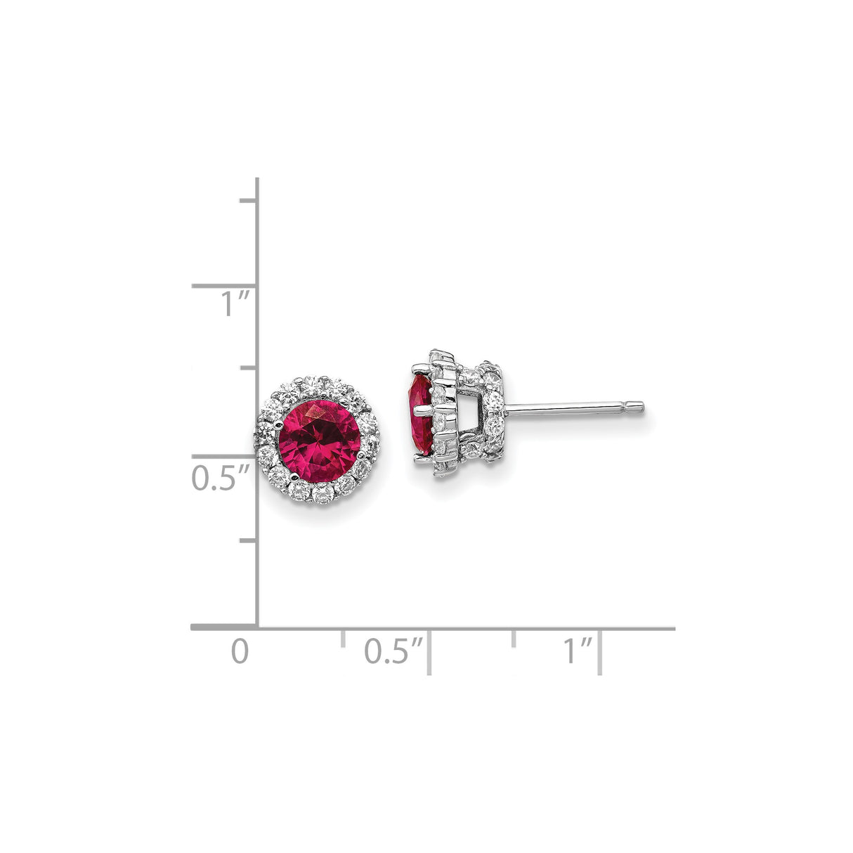 Sterling Silver Stud Earrings with Created Ruby Center and Cubic Zirconia Halo