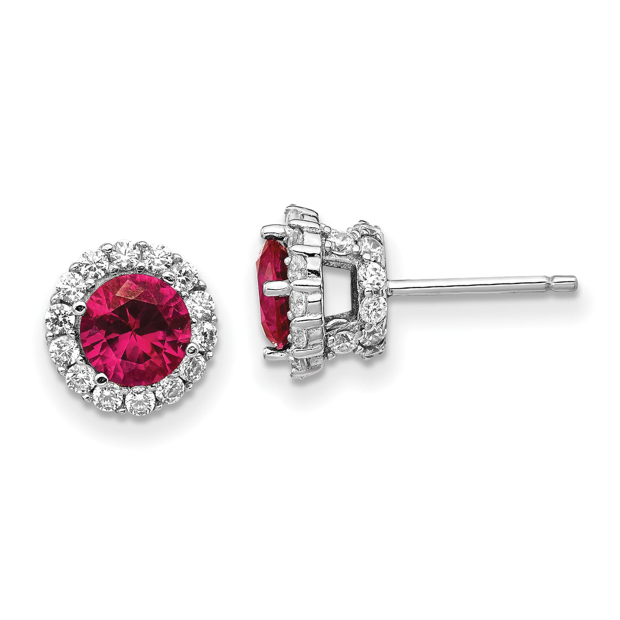 Sterling Silver Stud Earrings with Created Ruby Center and Cubic Zirconia Halo
