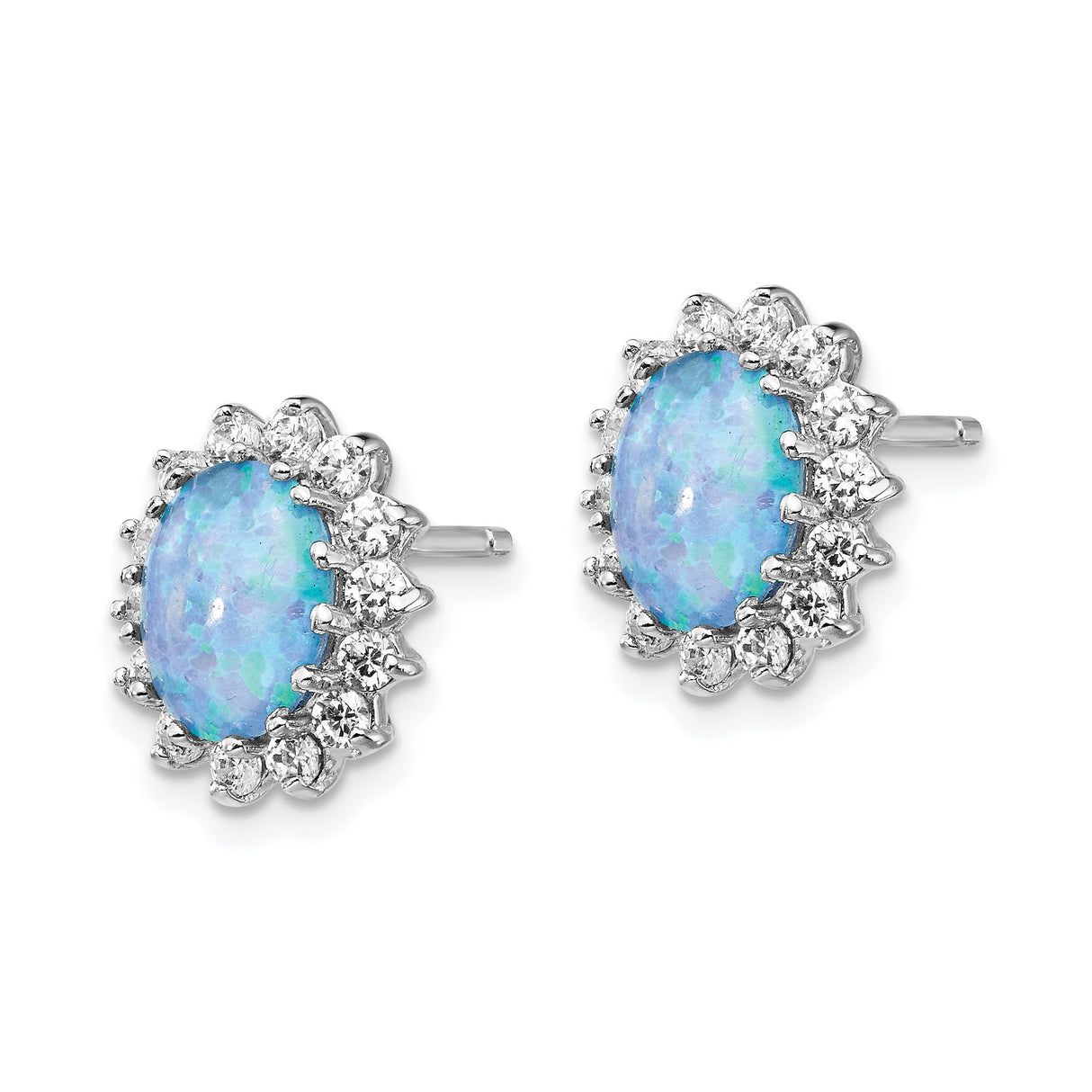 Sterling Silver Stud Earrings with Oval Created Opal and Cubic Zirconia Halo in Floral Setting