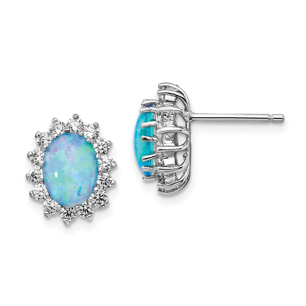 Sterling Silver Stud Earrings with Oval Created Opal and Cubic Zirconia Halo in Floral Setting