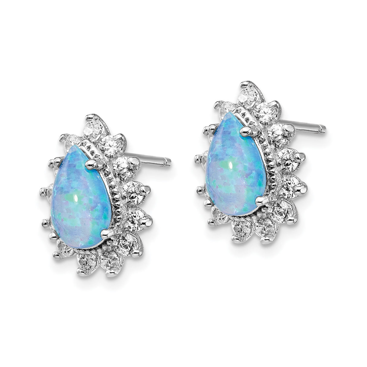 Sterling Silver Teardrop Stud Earrings with Blue Created Opal and Halo Cubic Zirconia