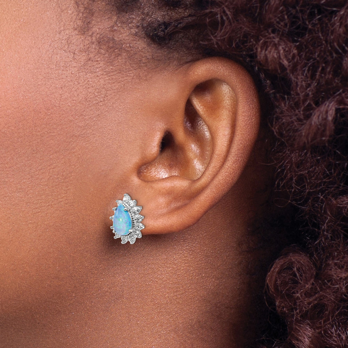 Sterling Silver Teardrop Stud Earrings with Blue Created Opal and Halo Cubic Zirconia