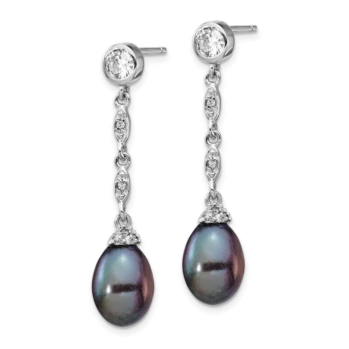 Sterling Silver Dangle Earrings with Black Pearls and Cubic Zirconia Accents, Drop Design for Women