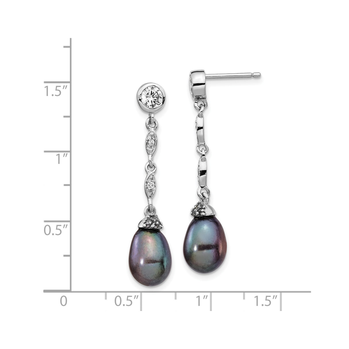Sterling Silver Dangle Earrings with Black Pearls and Cubic Zirconia Accents, Drop Design for Women