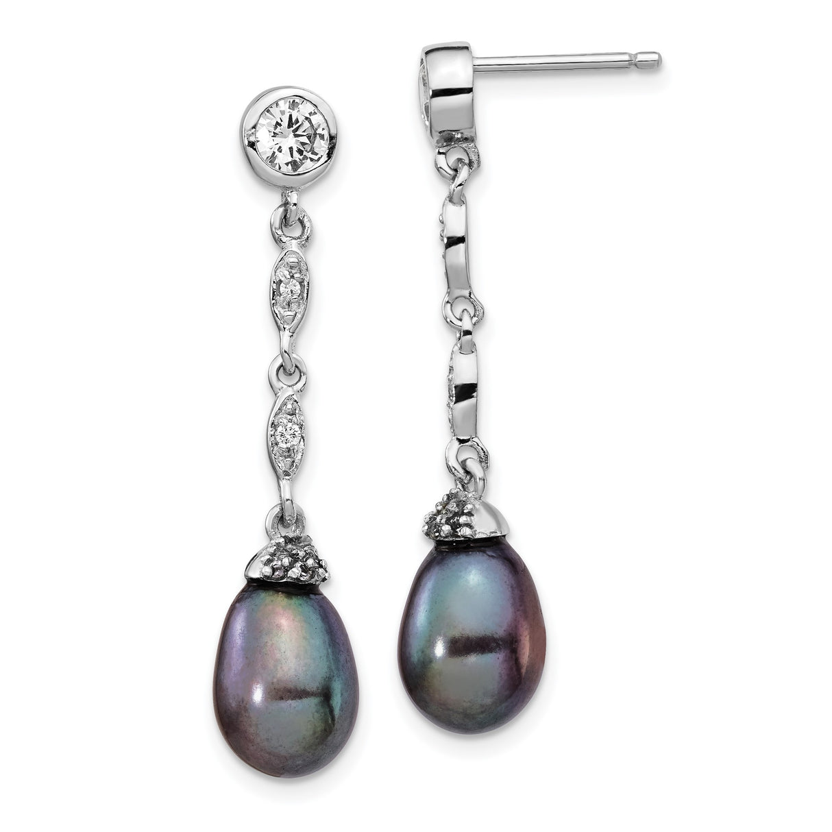 Sterling Silver Dangle Earrings with Black Pearls and Cubic Zirconia Accents, Drop Design for Women