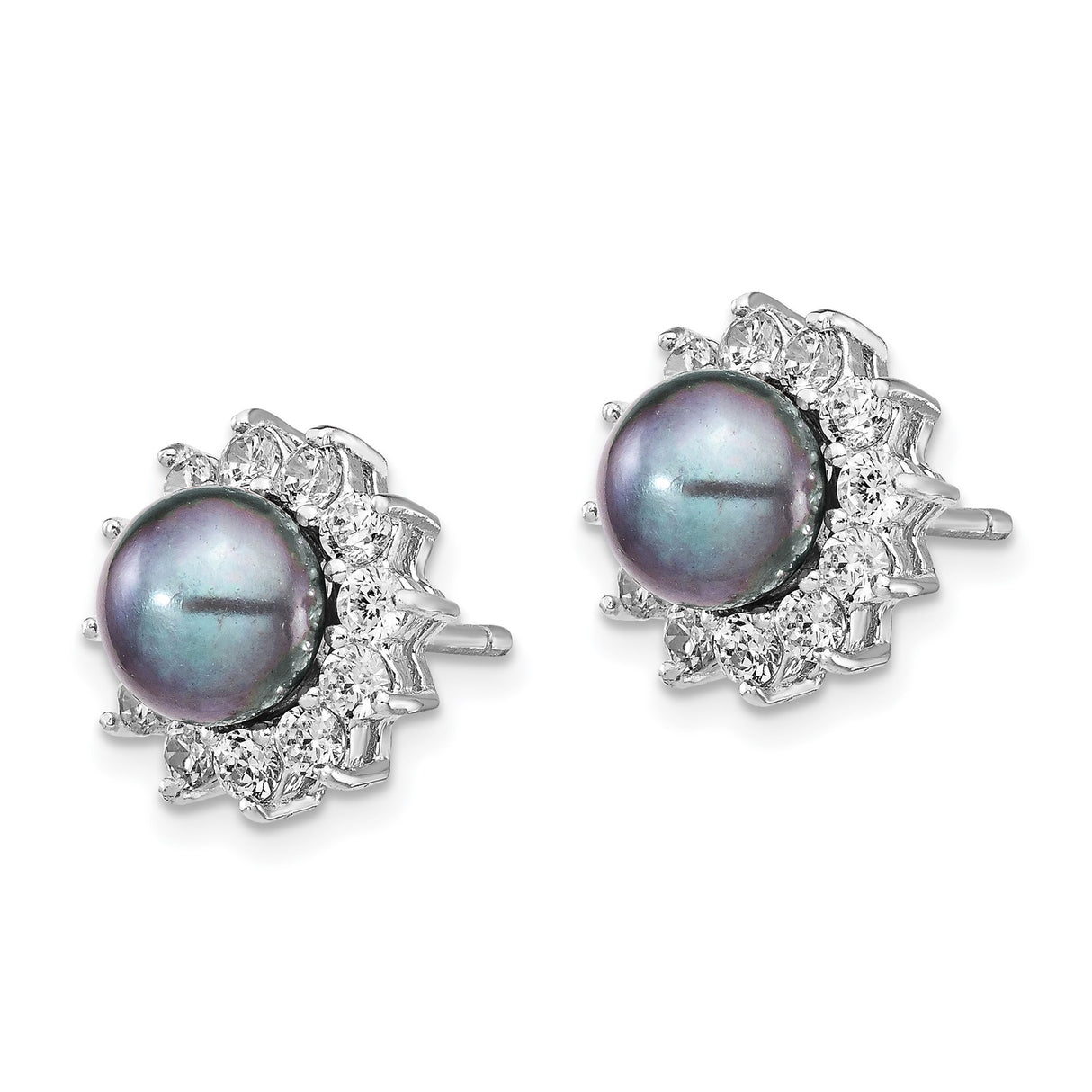 Sterling Silver Stud Earrings with Black Pearl and Cubic Zirconia Floral Halo Design