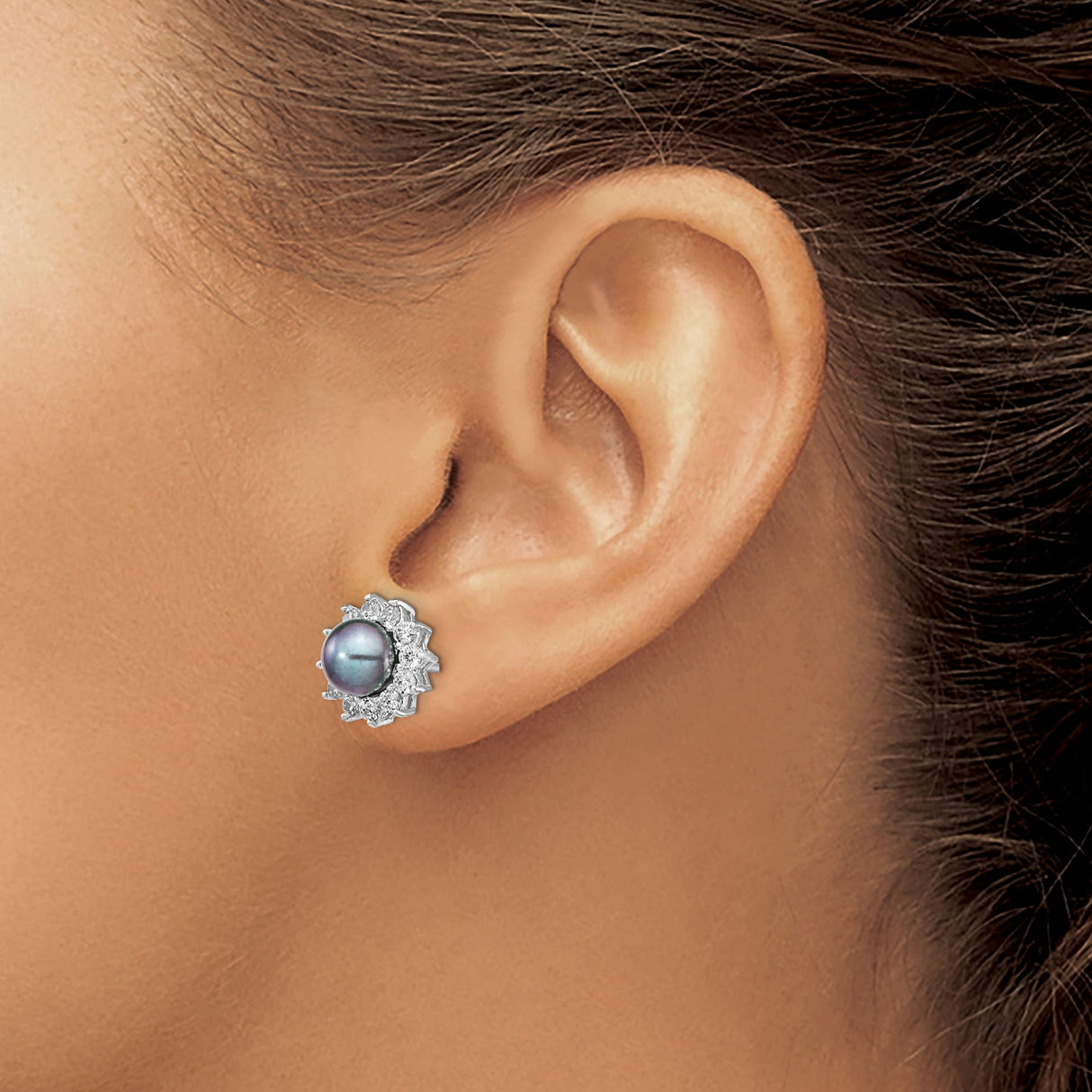 Sterling Silver Stud Earrings with Black Pearl and Cubic Zirconia Floral Halo Design