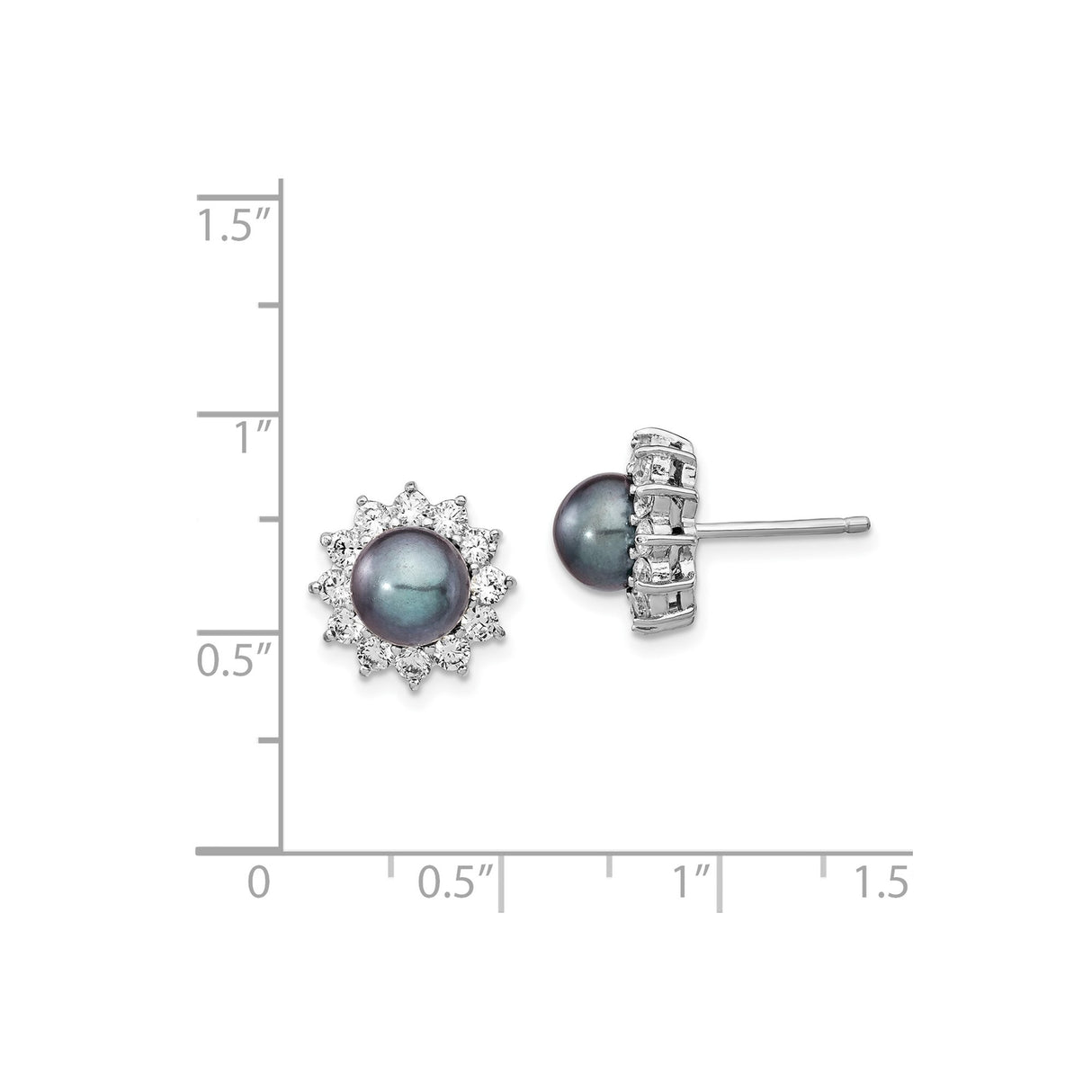 Sterling Silver Stud Earrings with Black Pearl and Cubic Zirconia Floral Halo Design