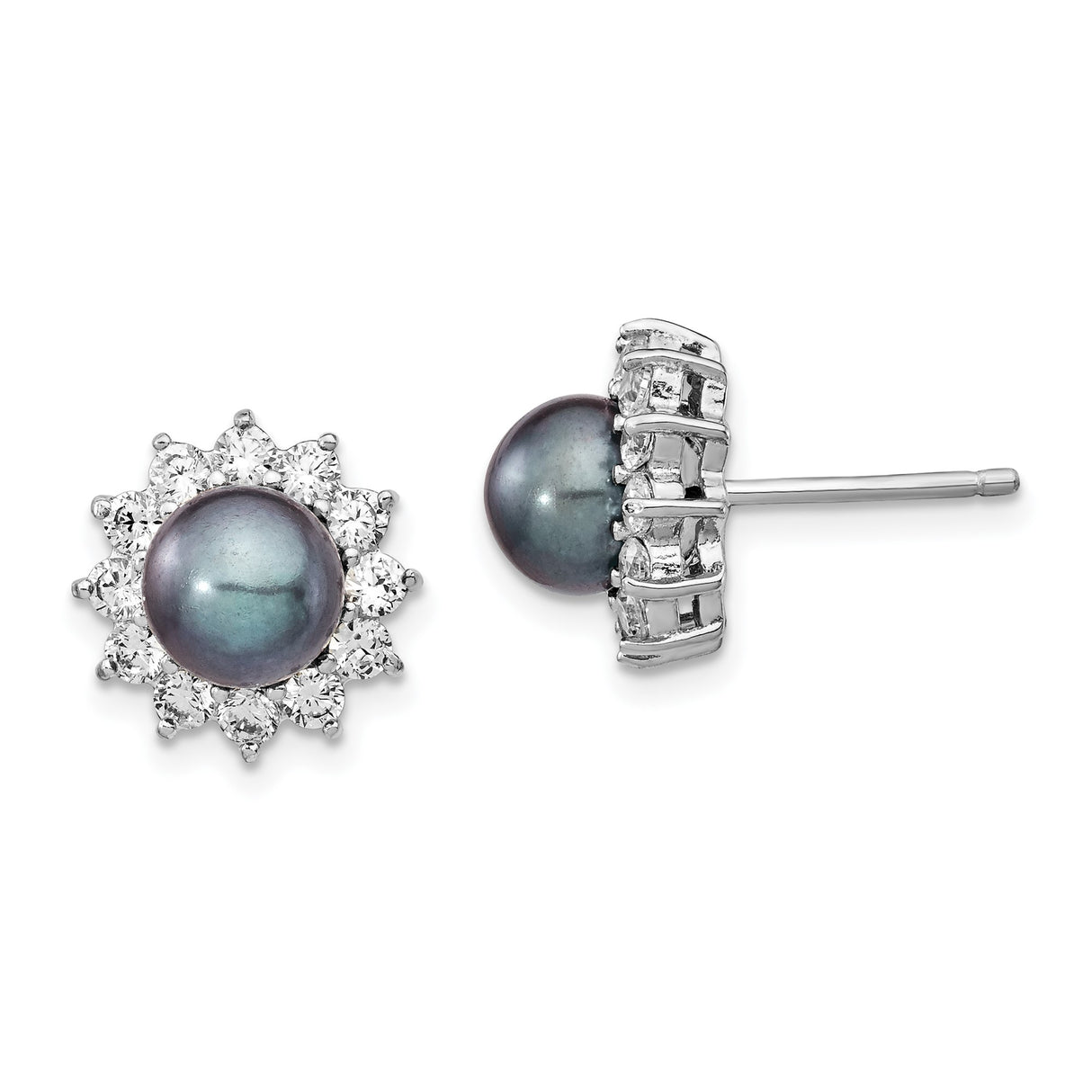 Sterling Silver Stud Earrings with Black Pearl and Cubic Zirconia Floral Halo Design