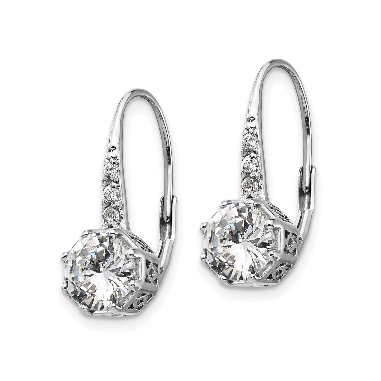 Sterling Silver Leverback Drop Earrings with Octagonal Cubic Zirconia and Filigree Detail