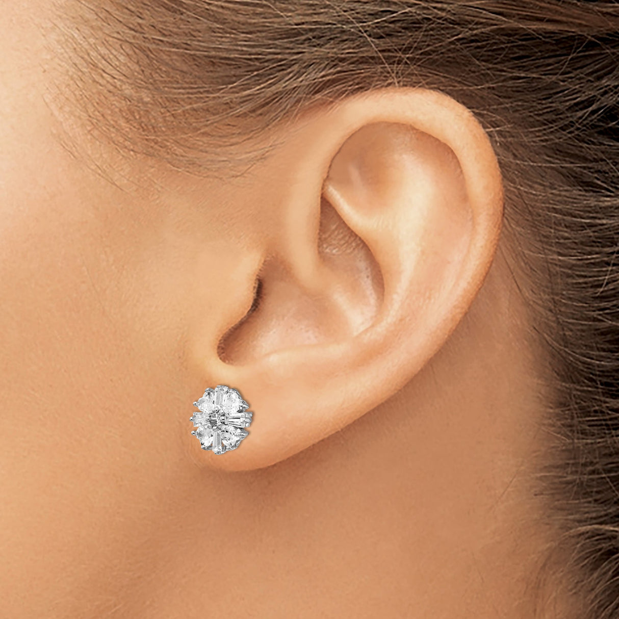 Sterling Silver Stud Earrings with Cubic Zirconia, Floral Cluster Design for Women