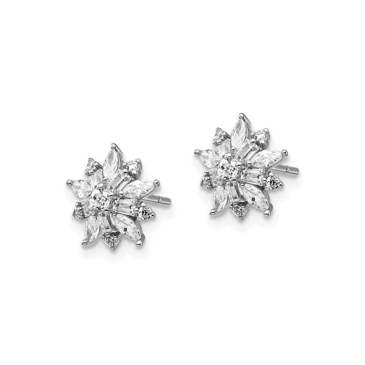 Sterling Silver Floral Stud Earrings with Cubic Zirconia in Starburst Design for Women