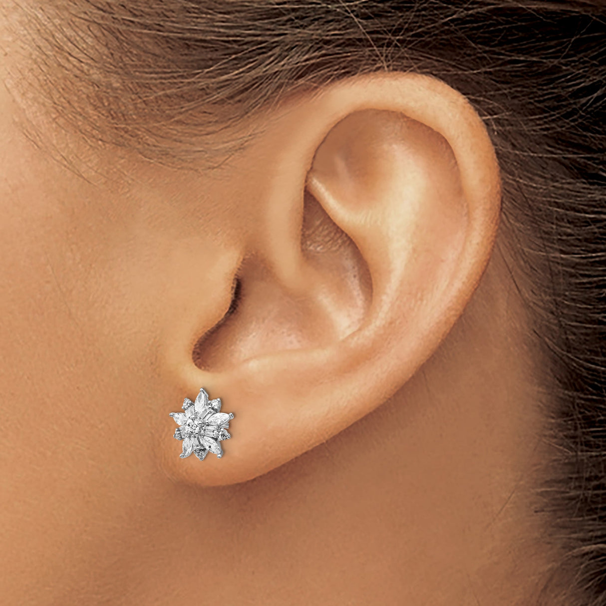 Sterling Silver Floral Stud Earrings with Cubic Zirconia in Starburst Design for Women