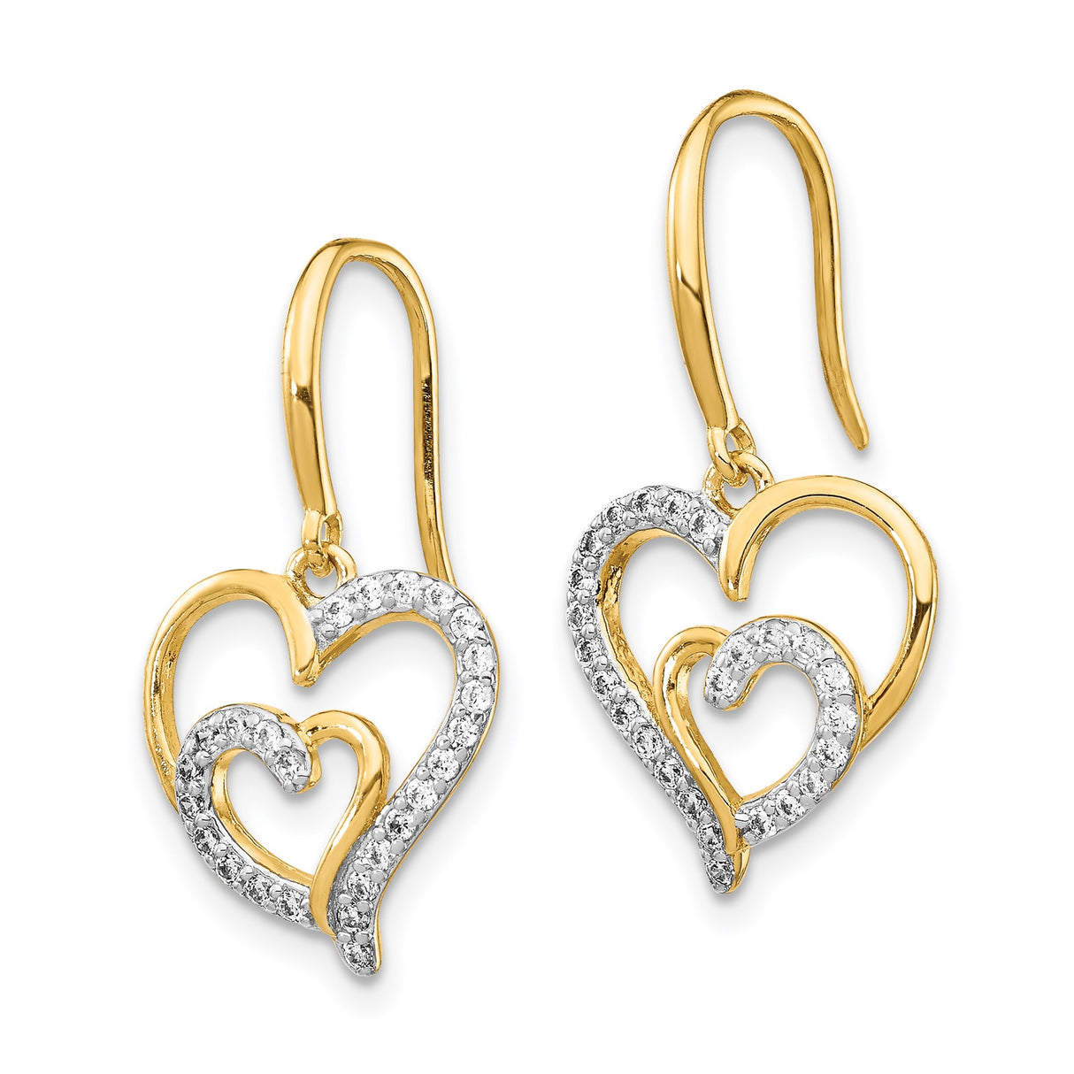 Sterling Silver Heart Drop Earrings with Cubic Zirconia, Double Heart Design