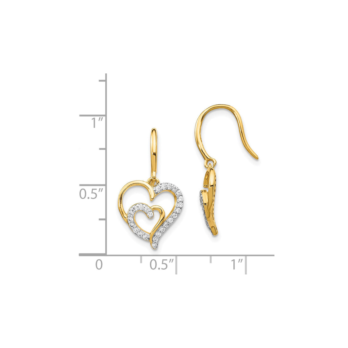 Sterling Silver Heart Drop Earrings with Cubic Zirconia, Double Heart Design