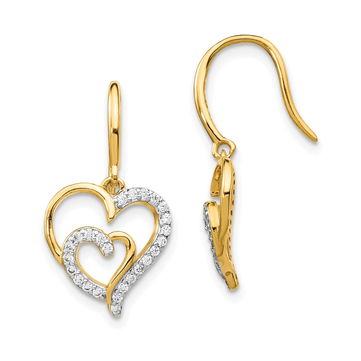 Sterling Silver Heart Drop Earrings with Cubic Zirconia, Double Heart Design