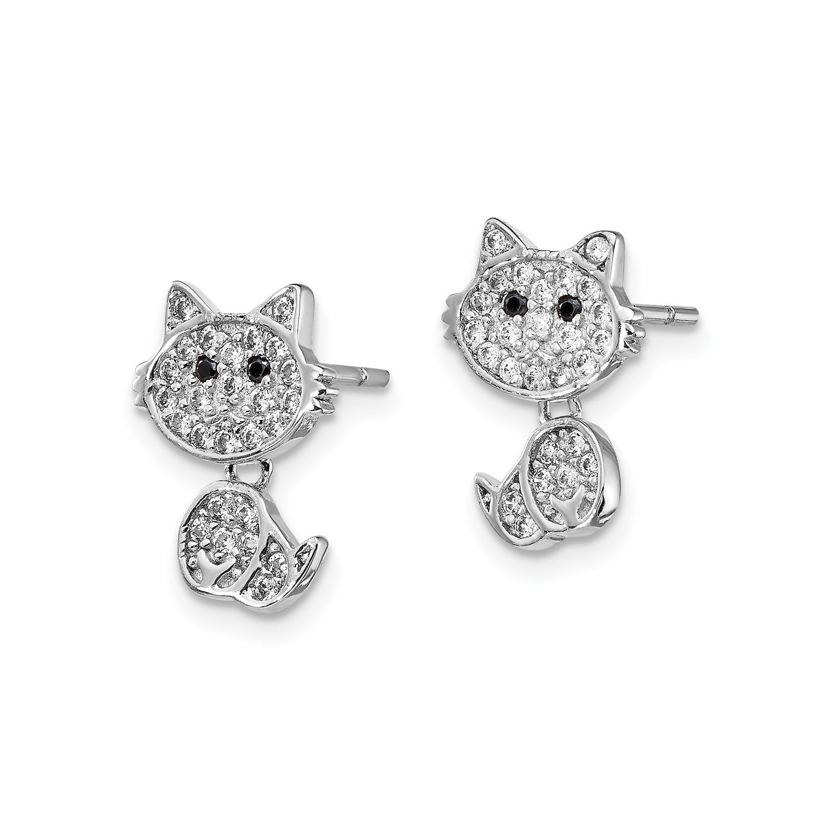 Sterling Silver Cat Stud Earrings with Cubic Zirconia, Playful Feline Design for Women