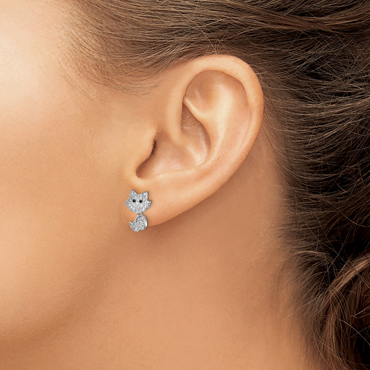 Sterling Silver Cat Stud Earrings with Cubic Zirconia, Playful Feline Design for Women