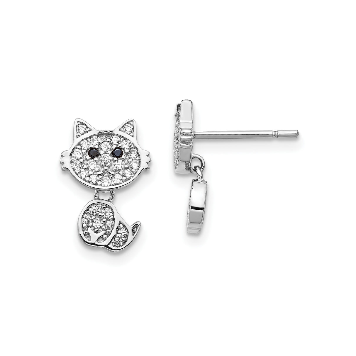 Sterling Silver Cat Stud Earrings with Cubic Zirconia, Playful Feline Design for Women