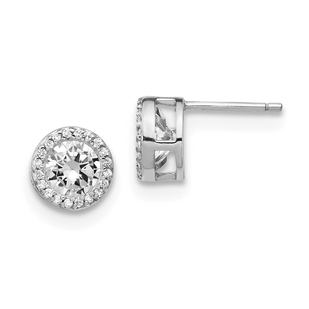 Sterling Silver Stud Earrings with Cubic Zirconia Solitaire and Dainty Halo