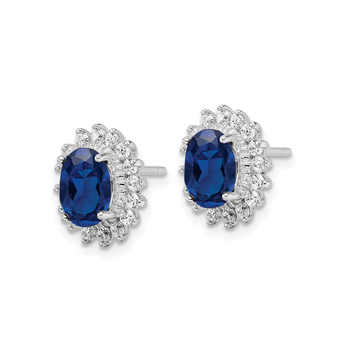 Sterling Silver Stud Earrings with Oval Blue Spinel and Cubic Zirconia Halo Cluster