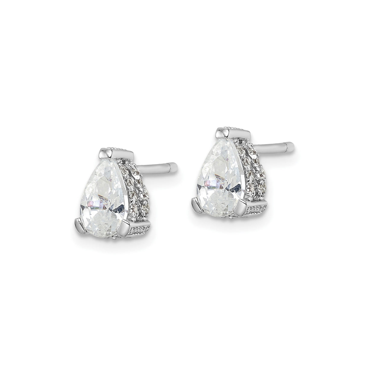 Sterling Silver Stud Earrings with Pear-Shaped Clear Cubic Zirconia and Halo Accents