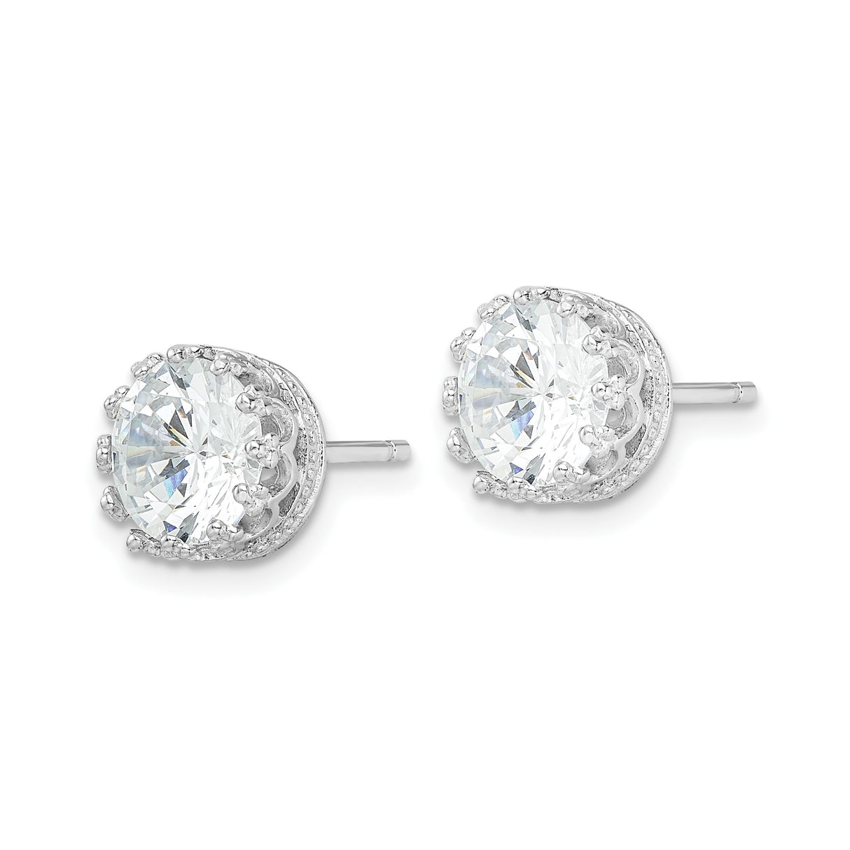 Sterling Silver Stud Earrings with Large Round Cut Cubic Zirconia in Vintage Crown Setting