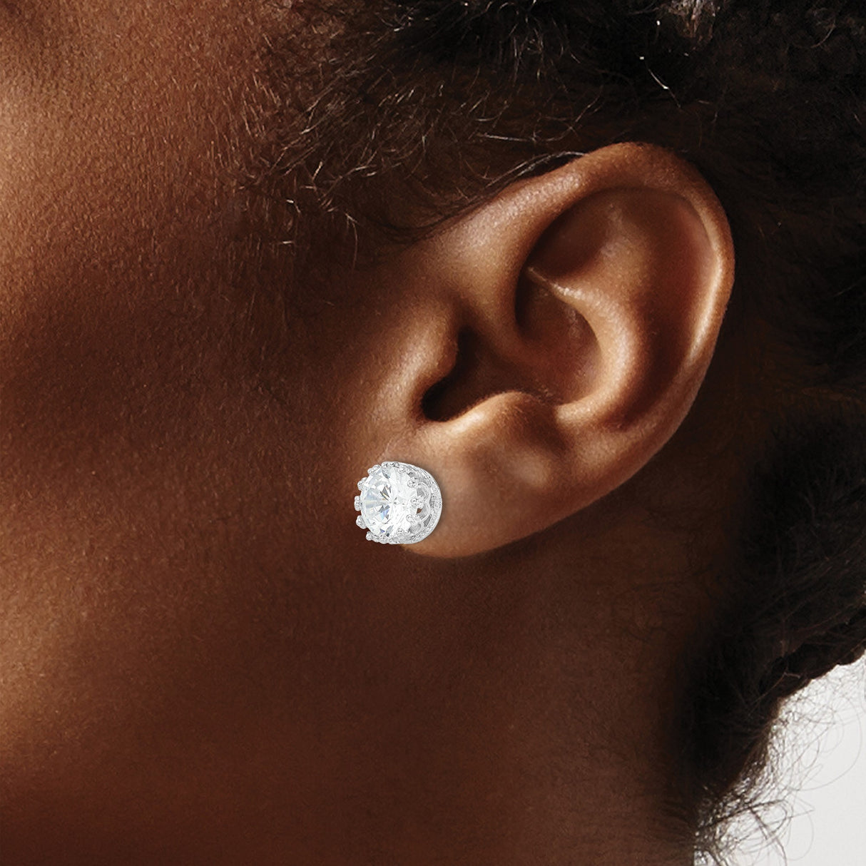 Sterling Silver Stud Earrings with Large Round Cut Cubic Zirconia in Vintage Crown Setting