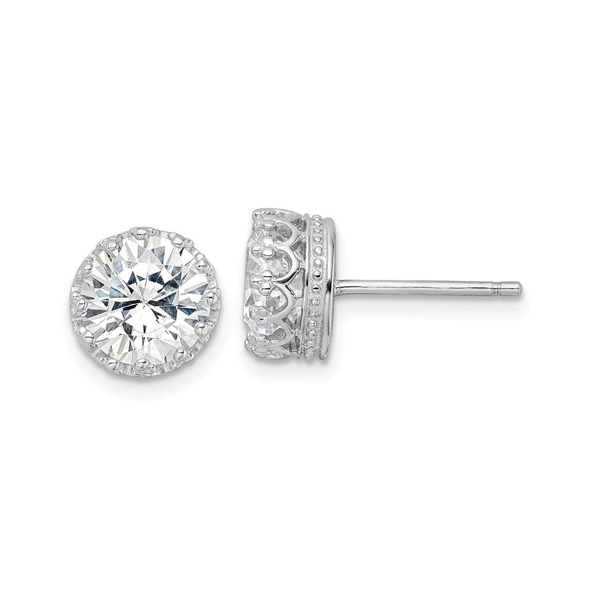 Sterling Silver Stud Earrings with Large Round Cut Cubic Zirconia in Vintage Crown Setting