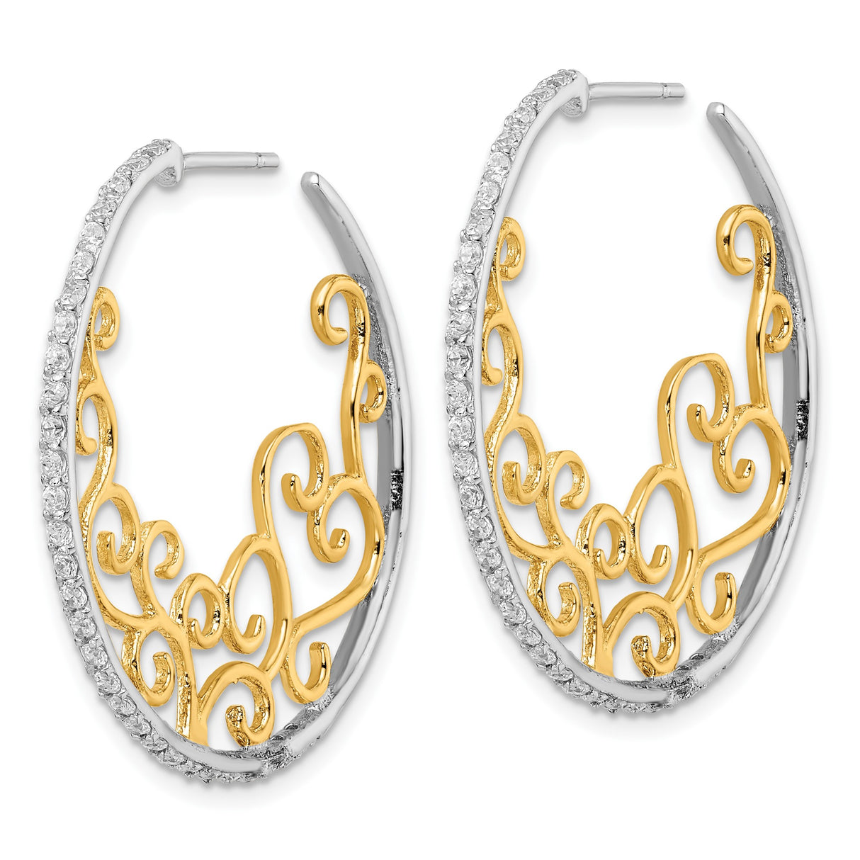 Sterling Silver Hoop Earrings with Cubic Zirconia, Gold Tone Filigree Heart Scroll Design