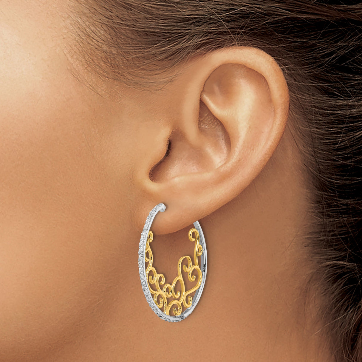 Sterling Silver Hoop Earrings with Cubic Zirconia, Gold Tone Filigree Heart Scroll Design