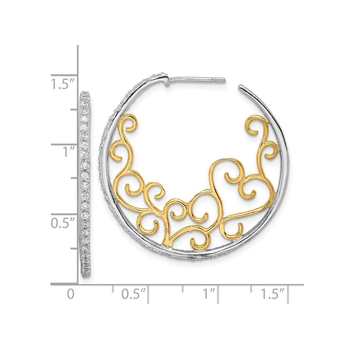 Sterling Silver Hoop Earrings with Cubic Zirconia, Gold Tone Filigree Heart Scroll Design