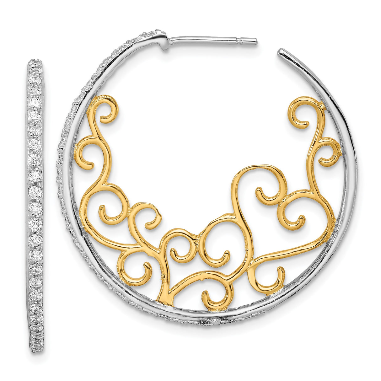 Sterling Silver Hoop Earrings with Cubic Zirconia, Gold Tone Filigree Heart Scroll Design