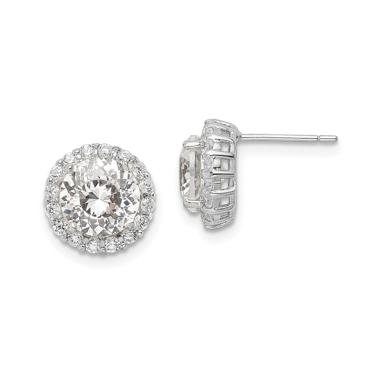 Sterling Silver Halo Stud Earrings with Cubic Zirconia Center and Accent Stones