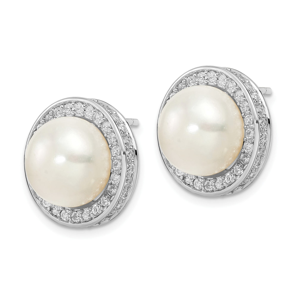 Sterling Silver Pearl Stud Earrings with Cubic Zirconia Halo, Formal Bridal Style