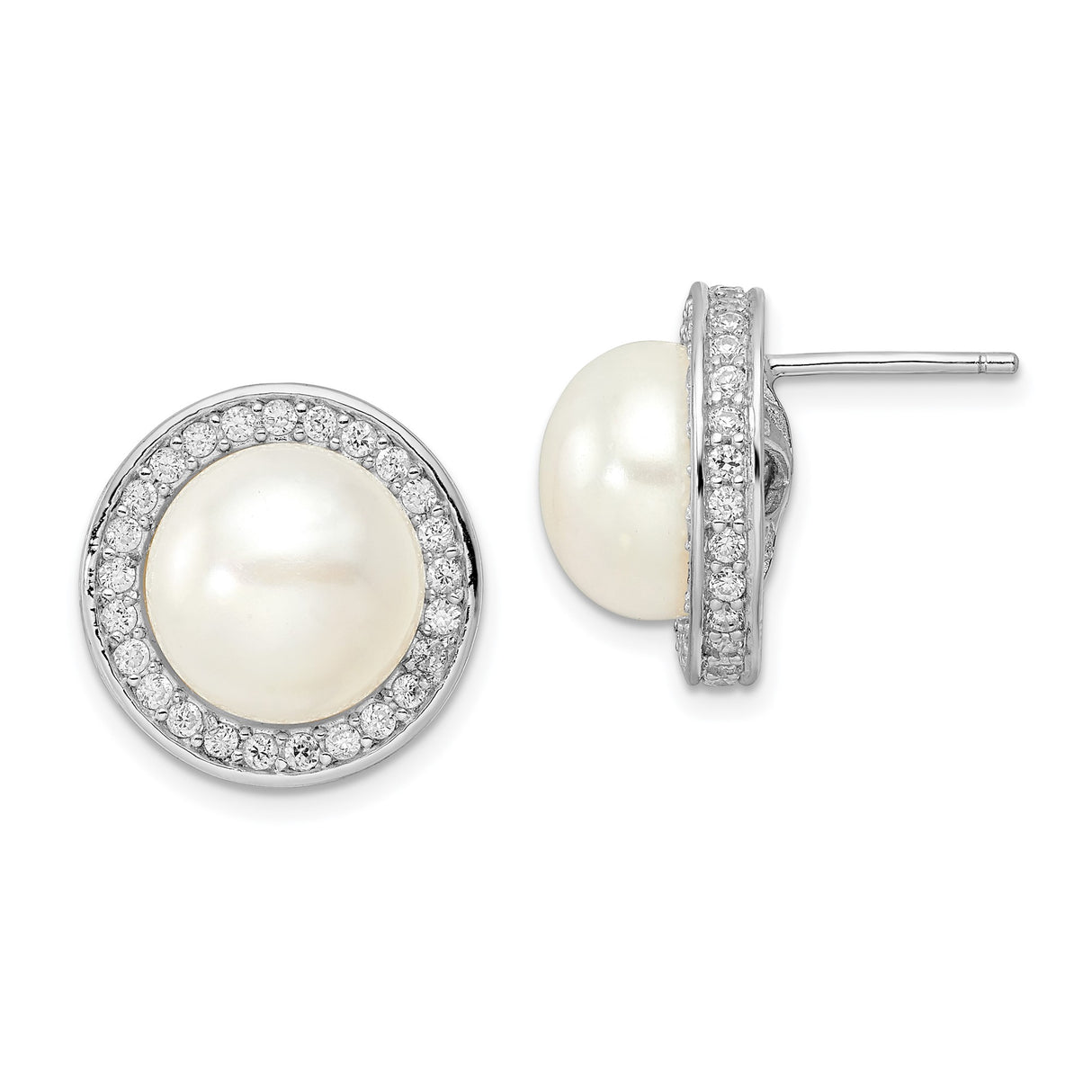 Sterling Silver Pearl Stud Earrings with Cubic Zirconia Halo, Formal Bridal Style