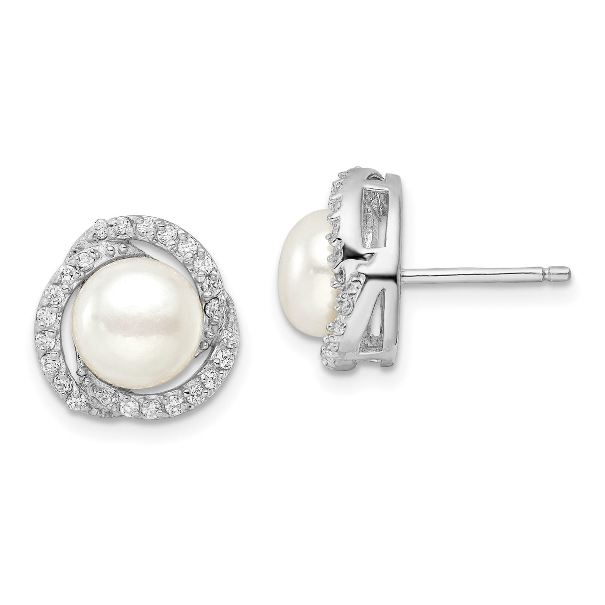 Sterling Silver Pearl Stud Earrings with Cubic Zirconia Halo, Bridal Jewelry for Women
