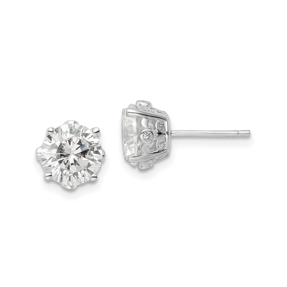 Sterling Silver Stud Earrings with Round Cut Cubic Zirconia, Six Prong Setting, Filigree Detail