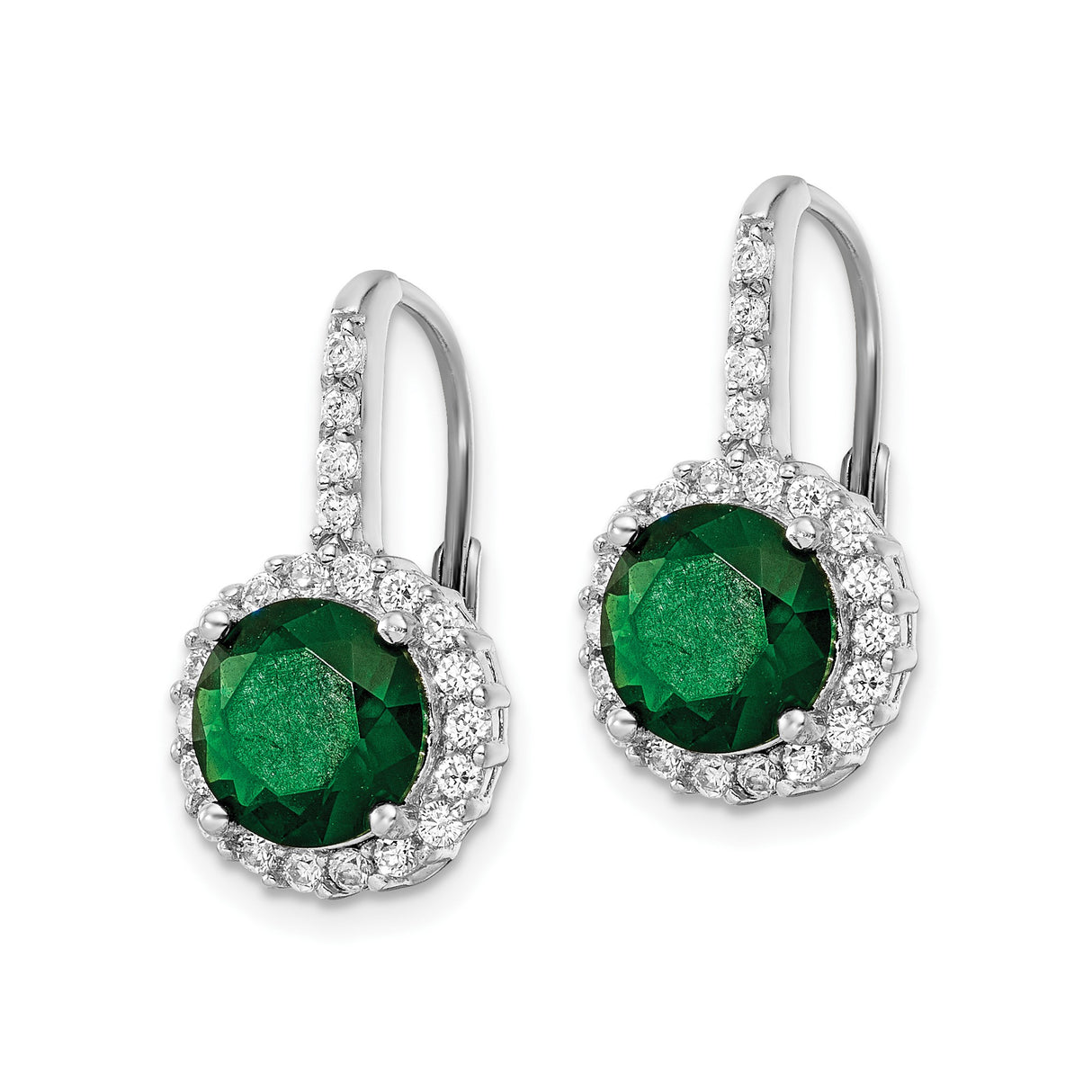 Sterling Silver Drop Earrings with Round Green Cubic Zirconia and Halo Setting