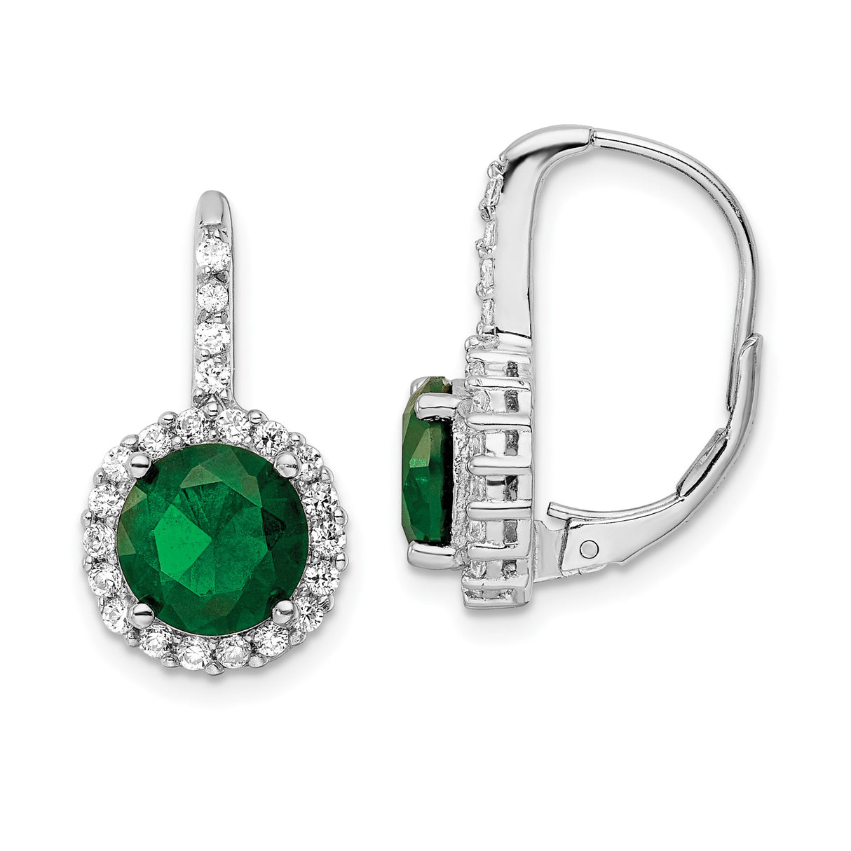 Sterling Silver Drop Earrings with Round Green Cubic Zirconia and Halo Setting